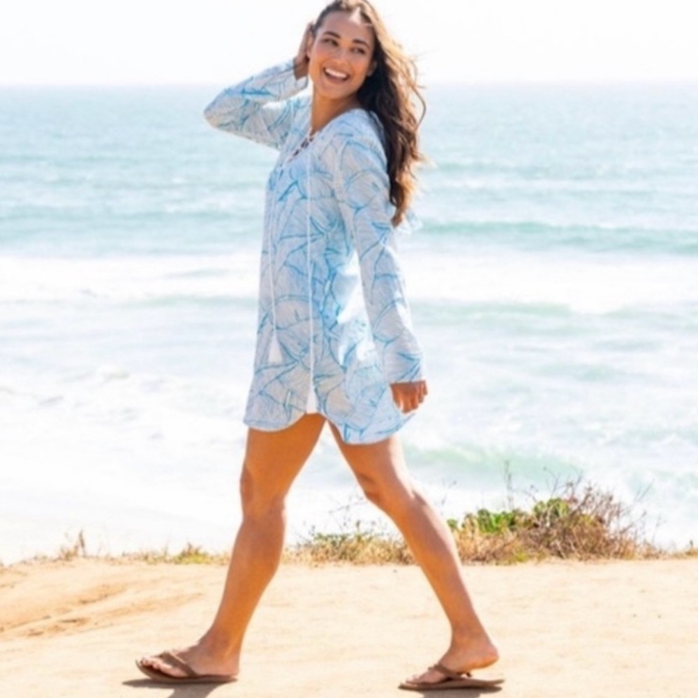 Charlie Holiday Swim Beach Cover Up Blue White Palm Leaf Tunic Hoodie Size L NWT